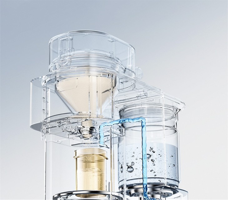 Hygienic separate water and powder pathway design Hygienic separate water and powder pathway design